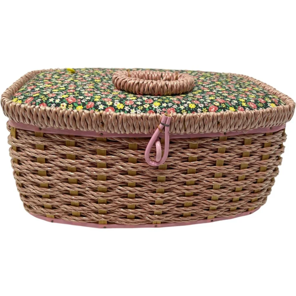 Singer Sewing Basket Floral Pink Wicker Storage Organizer Vintage Cottagecore